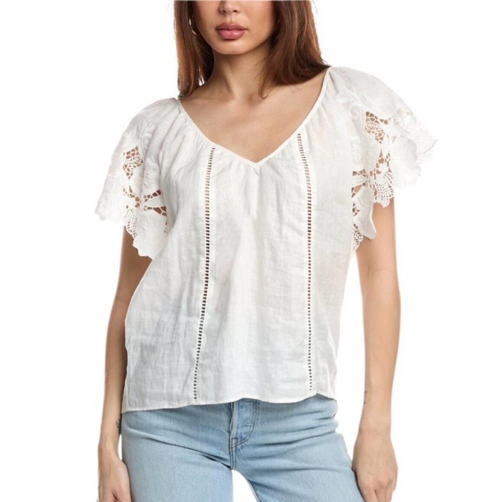 Ramy Brook Hillary White V-Neck Embroidered Linen Lace‎ Sleeves Front Stitching